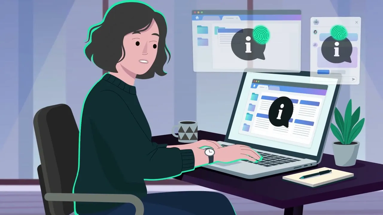 Eine Mitarbeiterin sucht am Laptop zwischen mehreren Fenstern nach Informationen