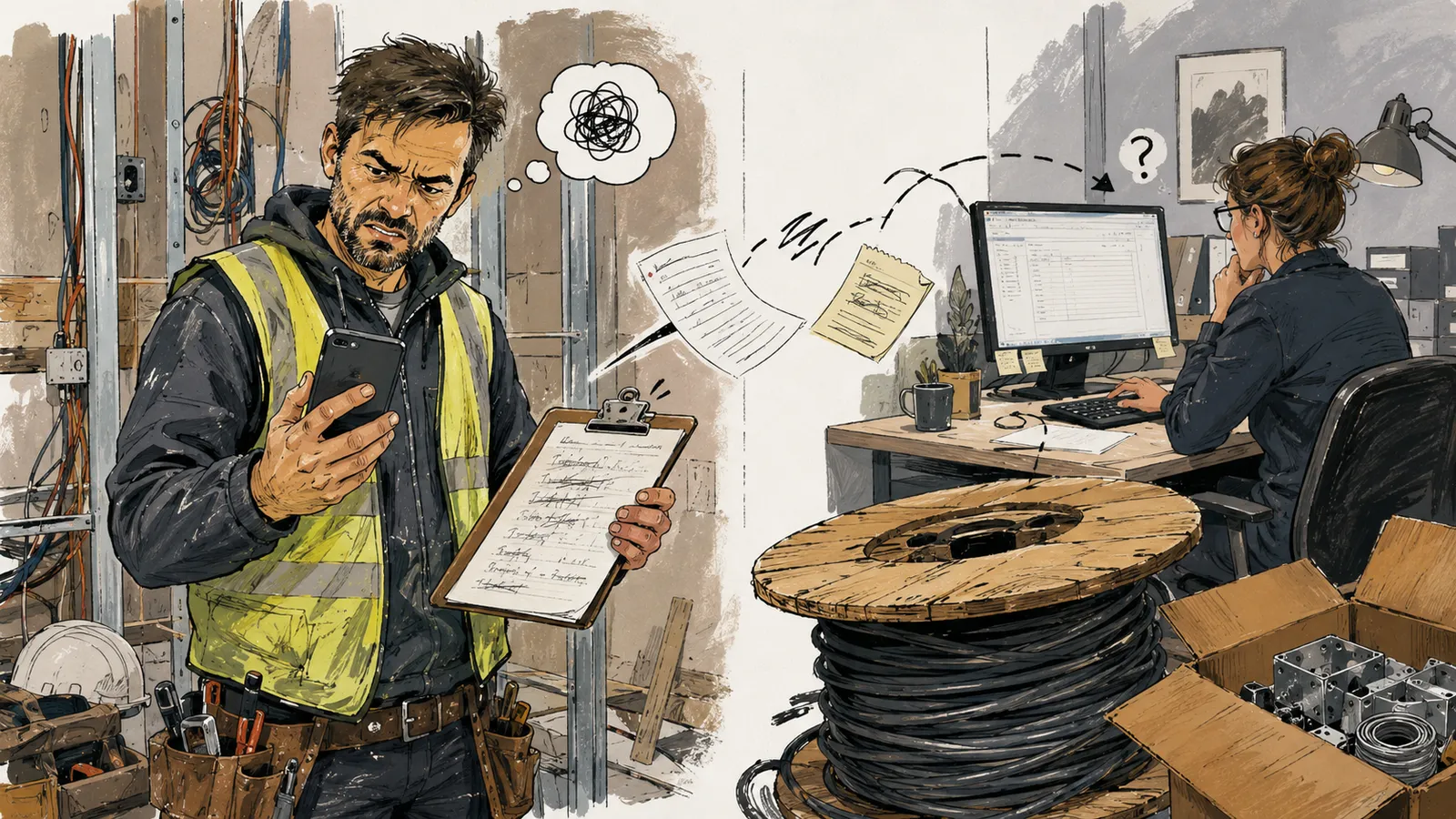 Medienbruch zwischen Baustelle und Büro