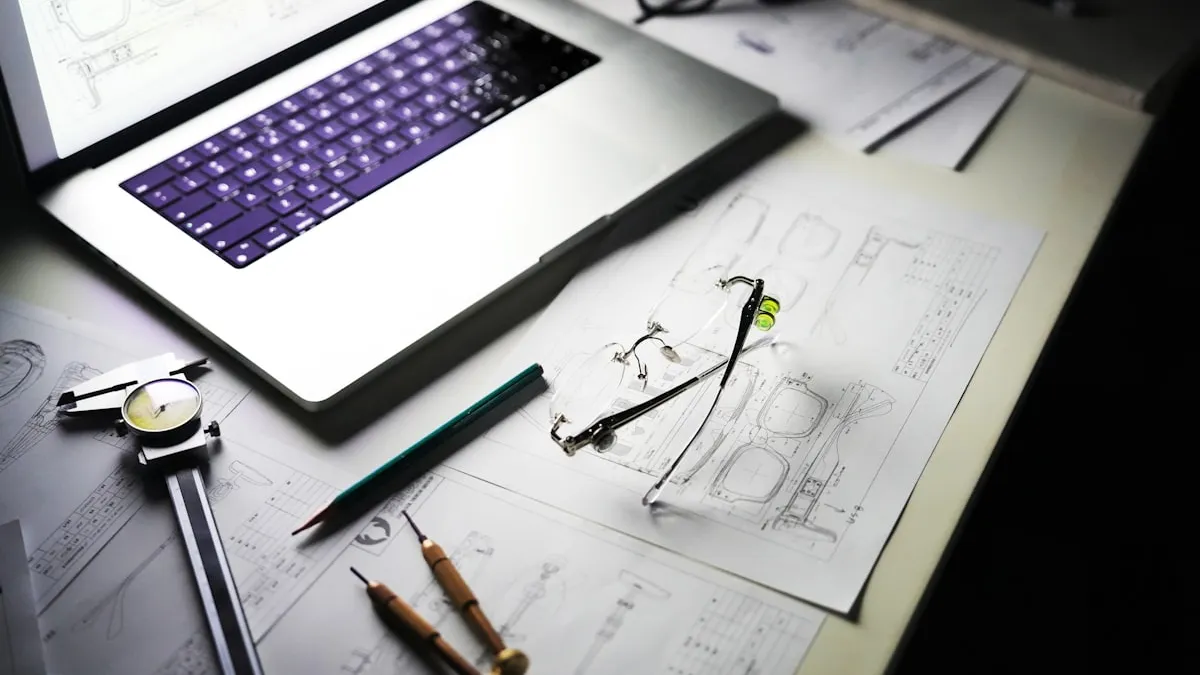 Desk with laptop, blueprints, and tools