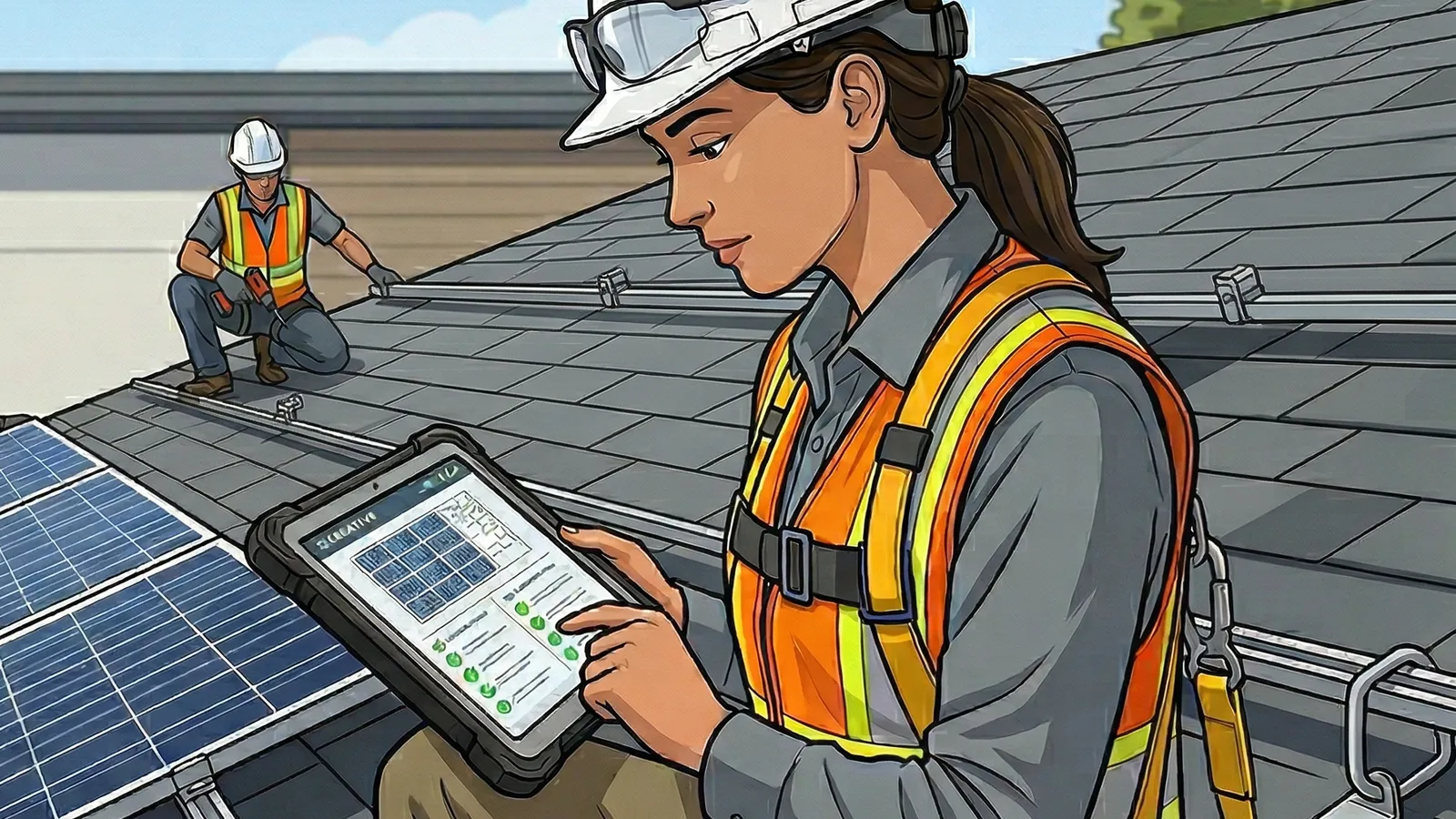 Illustration Protokollierung mit einem Tablet bei der Montage von PV-Modulen