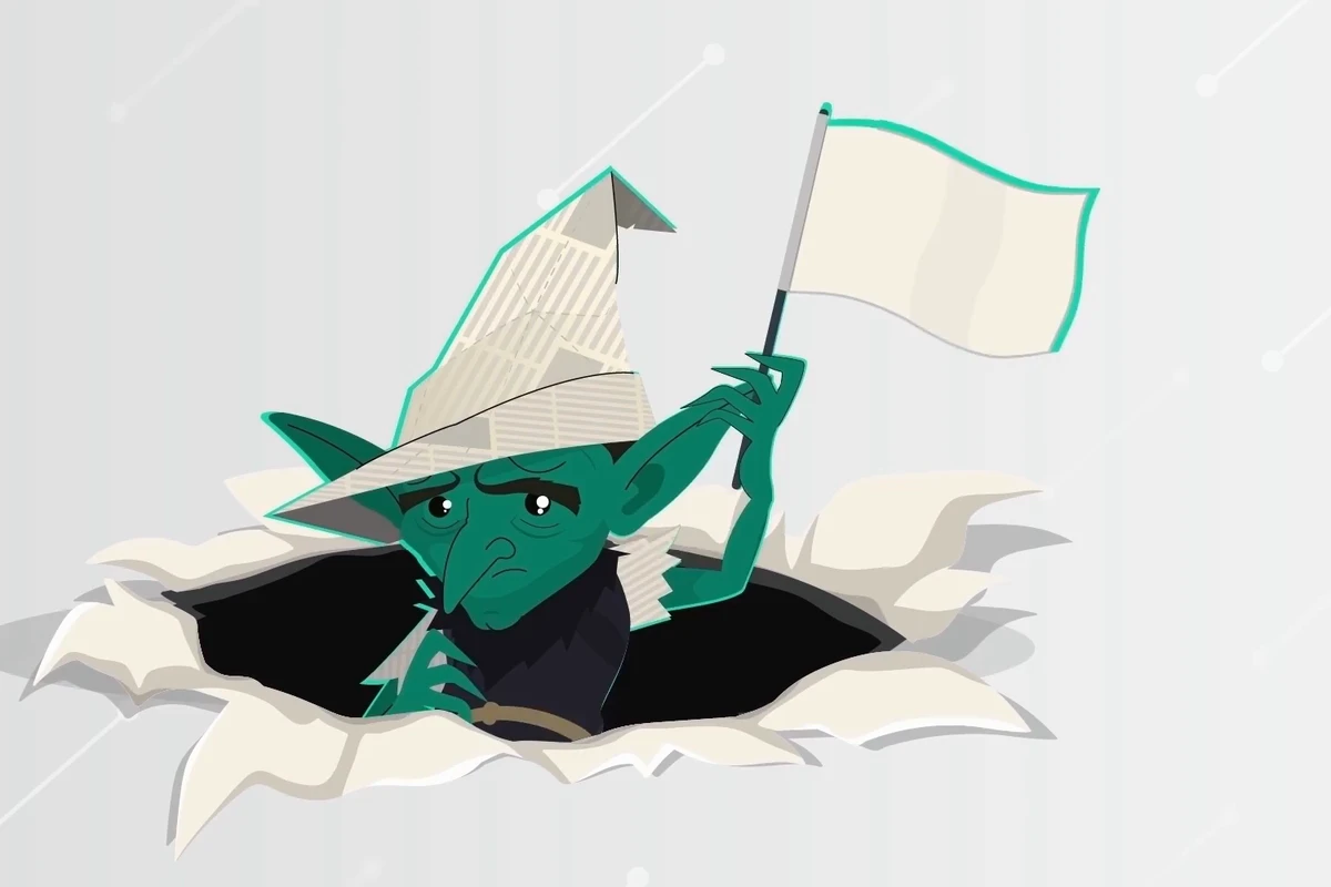 Szene aus dem digimax-Film: Der Kobold schaut aus einem Loch im Papier und schwenkt eine weiße Fahne